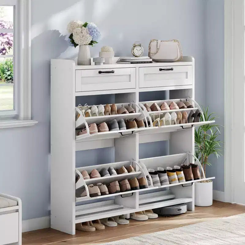 Meuble à chaussures avec 4 tiroirs basculants et 2 tiroirs supérieurs, Armoire à chaussures autoportante, Rangement de chaussures dissimulé, pour le salon
