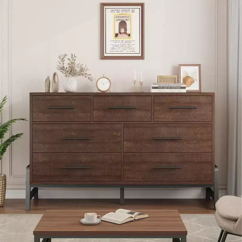 Commode Garvee 7 pour chambre, commode de 52 pouces de large, commode à tiroirs avec rangement autoportant, commode de rangement en bois pour salon