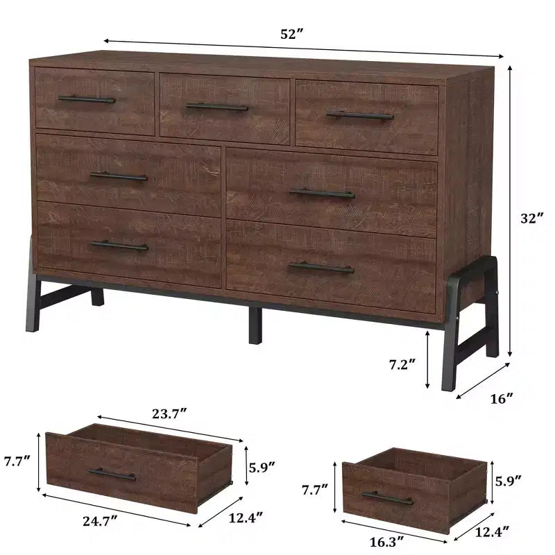 Commode Garvee 7 pour chambre, commode de 52 pouces de large, commode à tiroirs avec rangement autoportant, commode de rangement en bois pour salon