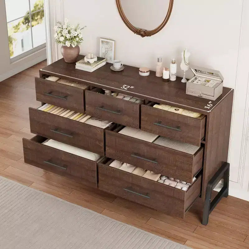 Commode Garvee 7 pour chambre, commode de 52 pouces de large, commode à tiroirs avec rangement autoportant, commode de rangement en bois pour salon