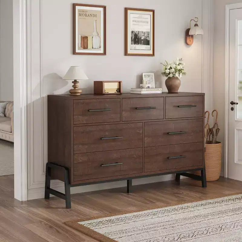 Commode Garvee 7 pour chambre, commode de 52 pouces de large, commode à tiroirs avec rangement autoportant, commode de rangement en bois pour salon