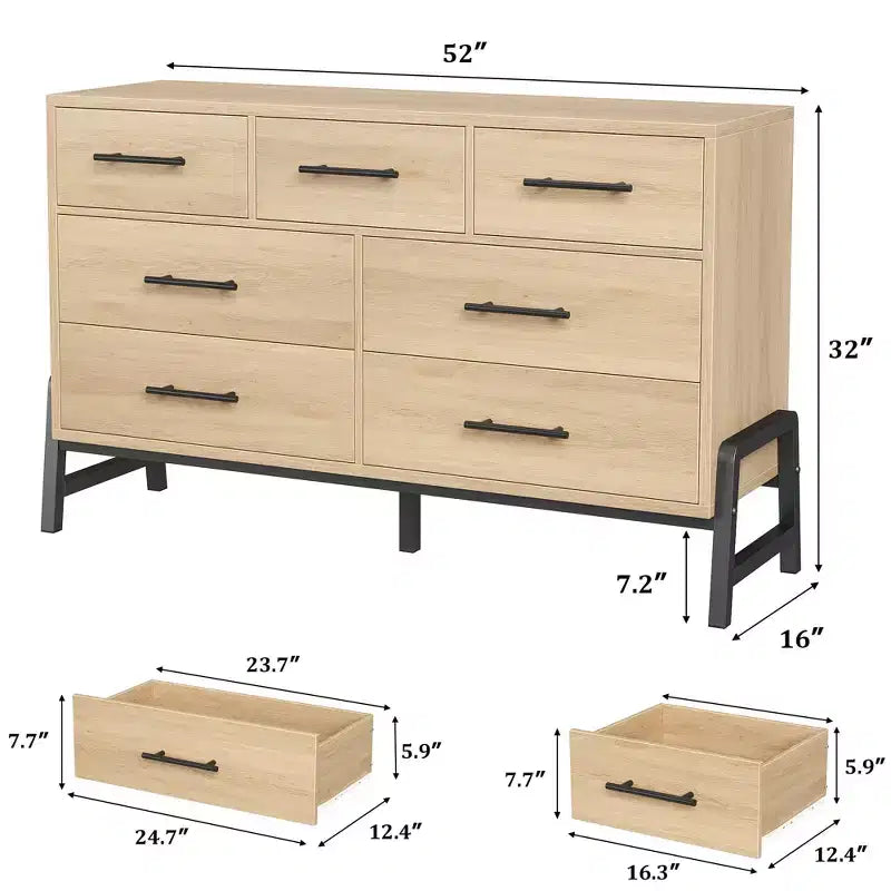 Commode Garvee 7 pour chambre, commode de 52 pouces de large, commode à tiroirs avec rangement autoportant, commode de rangement en bois pour salon