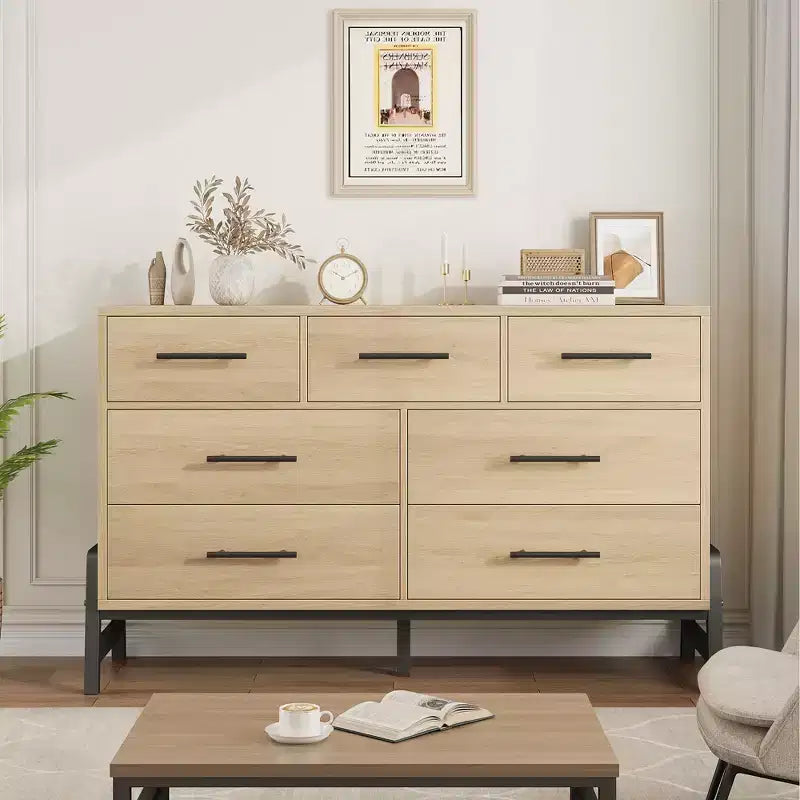 Commode Garvee 7 pour chambre, commode de 52 pouces de large, commode à tiroirs avec rangement autoportant, commode de rangement en bois pour salon