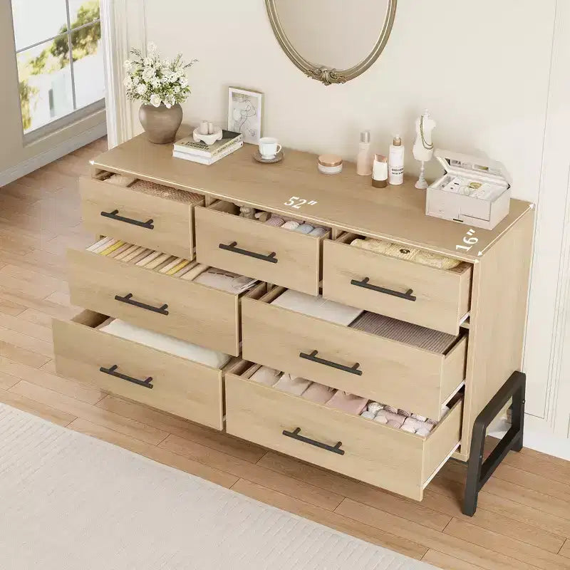 Commode Garvee 7 pour chambre, commode de 52 pouces de large, commode à tiroirs avec rangement autoportant, commode de rangement en bois pour salon