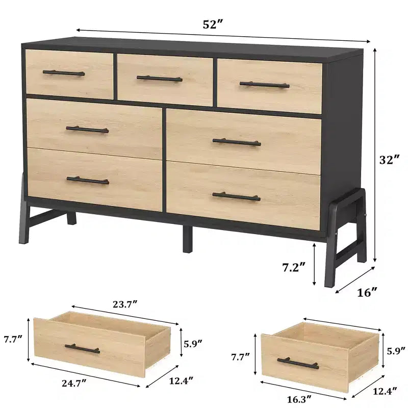 Commode Garvee 7 pour chambre, commode de 52 pouces de large, commode à tiroirs avec rangement autoportant, commode de rangement en bois pour salon
