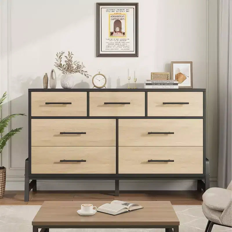 Commode Garvee 7 pour chambre, commode de 52 pouces de large, commode à tiroirs avec rangement autoportant, commode de rangement en bois pour salon