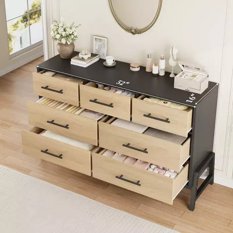 Commode Garvee 7 pour chambre, commode de 52 pouces de large, commode à tiroirs avec rangement autoportant, commode de rangement en bois pour salon