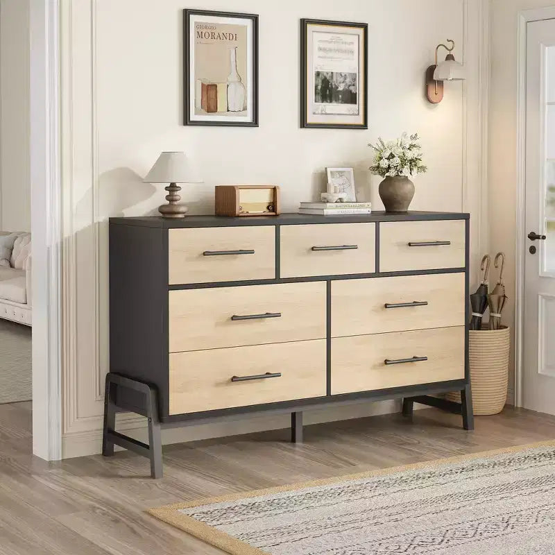 Commode Garvee 7 pour chambre, commode de 52 pouces de large, commode à tiroirs avec rangement autoportant, commode de rangement en bois pour salon