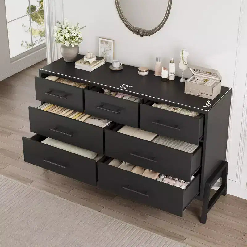 Commode Garvee 7 pour chambre, commode de 52 pouces de large, commode à tiroirs avec rangement autoportant, commode de rangement en bois pour salon