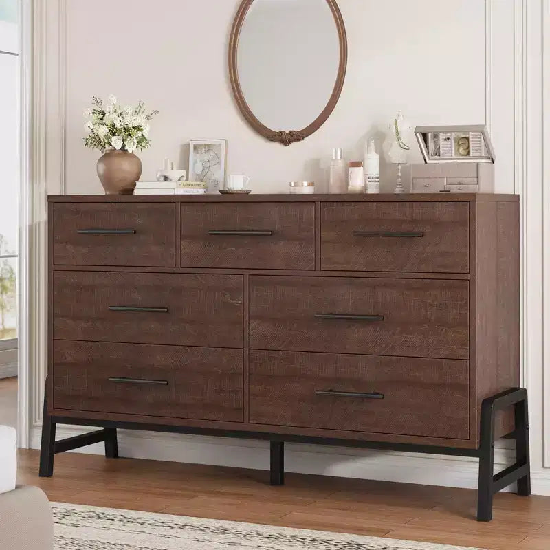 Commode Garvee 7 pour chambre, commode de 52 pouces de large, commode à tiroirs avec rangement autoportant, commode de rangement en bois pour salon