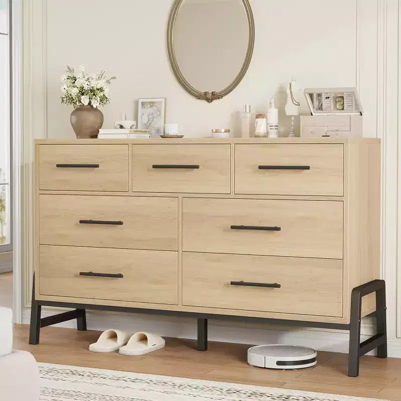 Commode Garvee 7 pour chambre, commode de 52 pouces de large, commode à tiroirs avec rangement autoportant, commode de rangement en bois pour salon