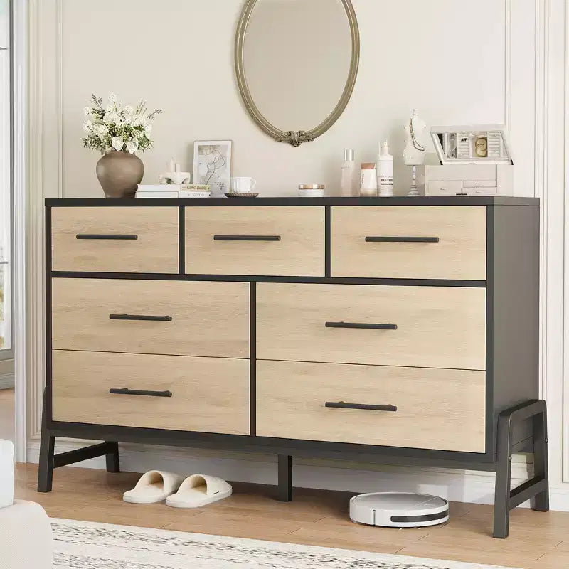 Commode Garvee 7 pour chambre, commode de 52 pouces de large, commode à tiroirs avec rangement autoportant, commode de rangement en bois pour salon