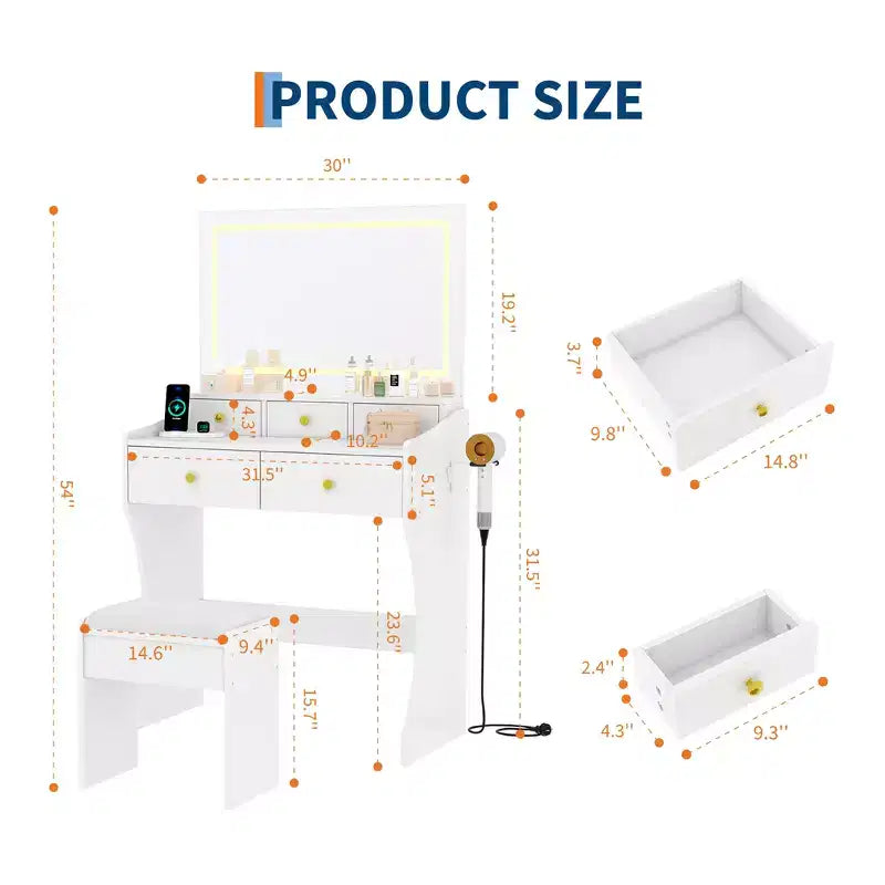 Coiffeuse GustoWave avec miroir et chaise, 5 tiroirs, support pour sèche-cheveux, tabouret rembourré pour chambre à coucher