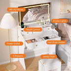 Coiffeuse GustoWave avec miroir et chaise, 5 tiroirs, support pour sèche-cheveux, tabouret rembourré pour chambre à coucher