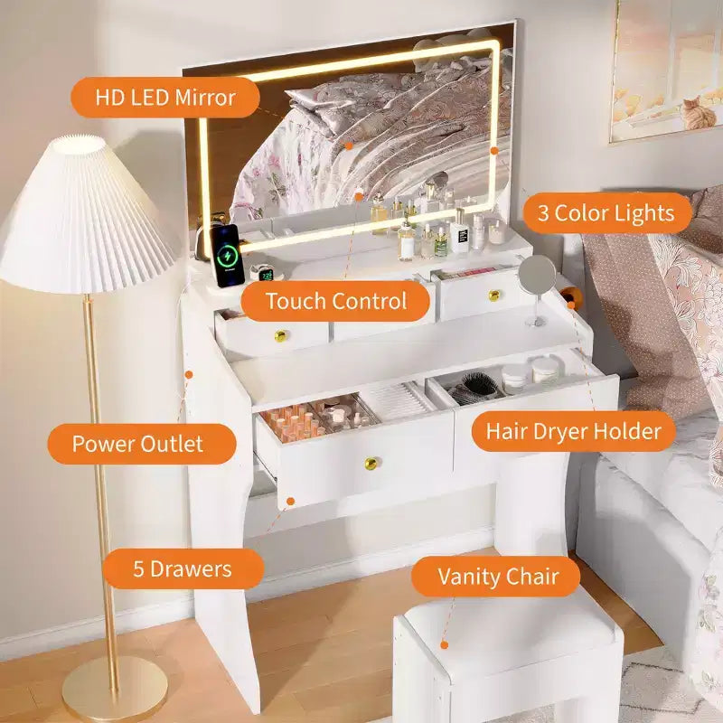 Coiffeuse GustoWave avec miroir et chaise, 5 tiroirs, support pour sèche-cheveux, tabouret rembourré pour chambre à coucher