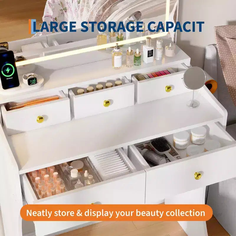 Coiffeuse GustoWave avec miroir et chaise, 5 tiroirs, support pour sèche-cheveux, tabouret rembourré pour chambre à coucher