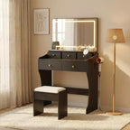 Coiffeuse GustoWave avec miroir et chaise, 5 tiroirs, support pour sèche-cheveux, tabouret rembourré pour chambre à coucher