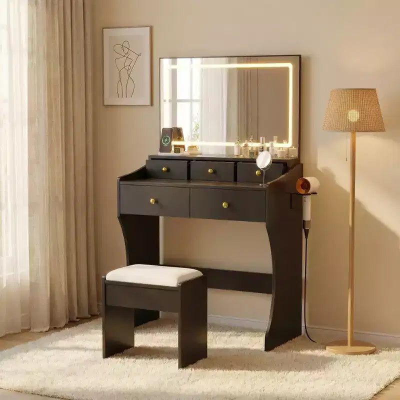 Coiffeuse GustoWave avec miroir et chaise, 5 tiroirs, support pour sèche-cheveux, tabouret rembourré pour chambre à coucher