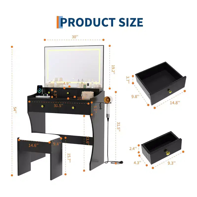 Coiffeuse GustoWave avec miroir et chaise, 5 tiroirs, support pour sèche-cheveux, tabouret rembourré pour chambre à coucher