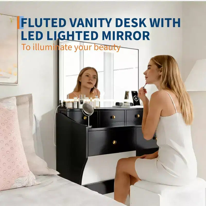 Coiffeuse GustoWave avec miroir et chaise, 5 tiroirs, support pour sèche-cheveux, tabouret rembourré pour chambre à coucher
