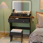 Coiffeuse GustoWave avec miroir et chaise, 5 tiroirs, support pour sèche-cheveux, tabouret rembourré pour chambre à coucher
