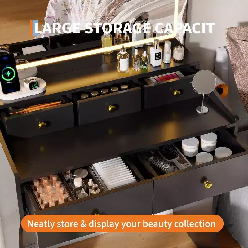 Coiffeuse GustoWave avec miroir et chaise, 5 tiroirs, support pour sèche-cheveux, tabouret rembourré pour chambre à coucher