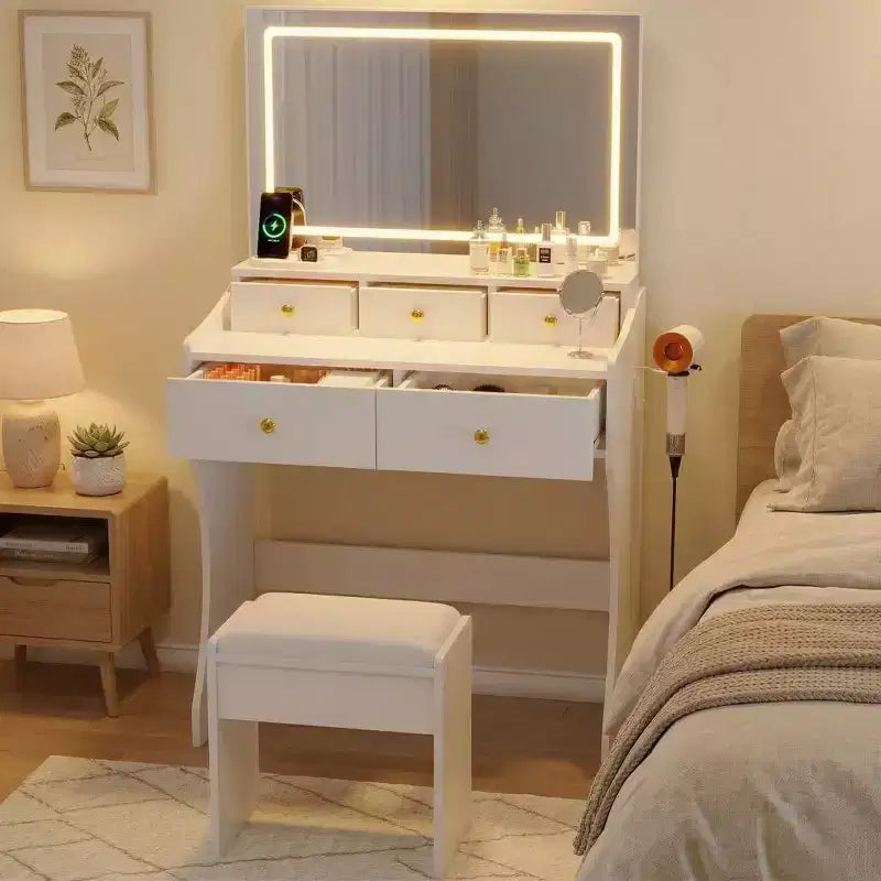 Coiffeuse GustoWave avec miroir et chaise, 5 tiroirs, support pour sèche-cheveux, tabouret rembourré pour chambre à coucher