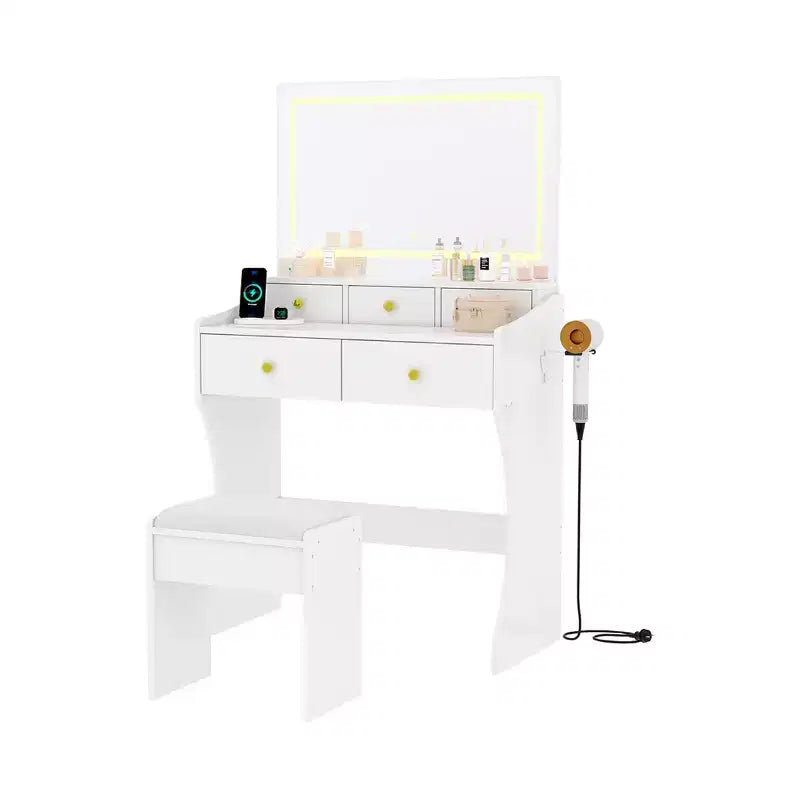 Coiffeuse GustoWave avec miroir et chaise, 5 tiroirs, support pour sèche-cheveux, tabouret rembourré pour chambre à coucher