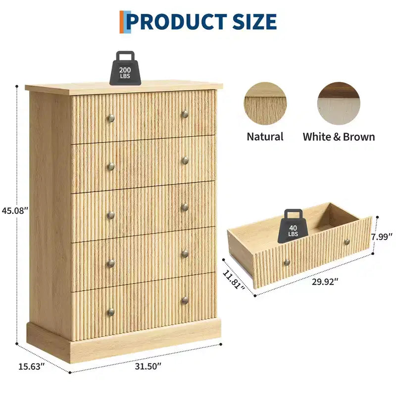 Commode haute 5 tiroirs peu encombrante pour chambre à coucher Commode verticale moderne, armoire de rangement spacieuse Finition bois blanc contemporain