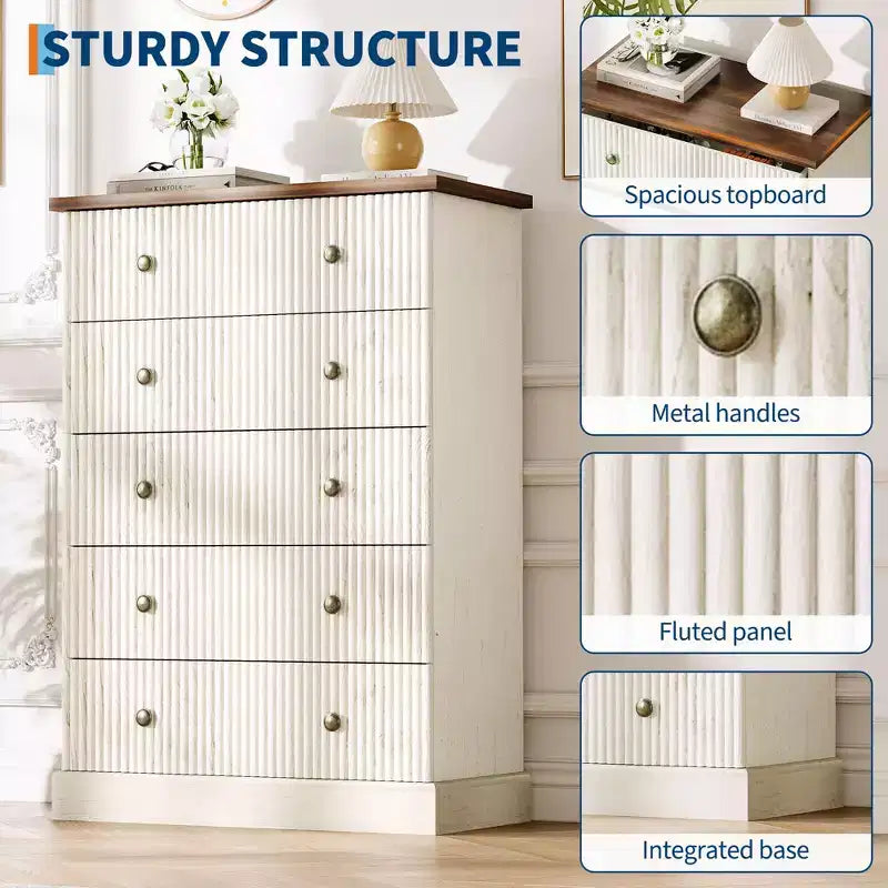 Commode haute 5 tiroirs peu encombrante pour chambre à coucher Commode verticale moderne, armoire de rangement spacieuse Finition bois blanc contemporain