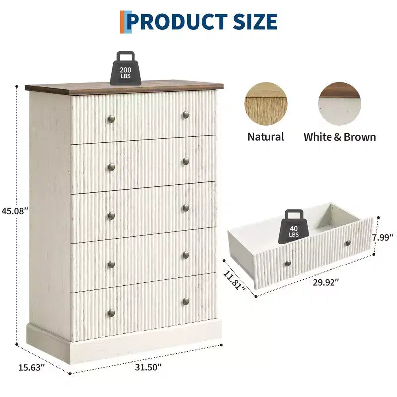 Commode haute 5 tiroirs peu encombrante pour chambre à coucher Commode verticale moderne, armoire de rangement spacieuse Finition bois blanc contemporain