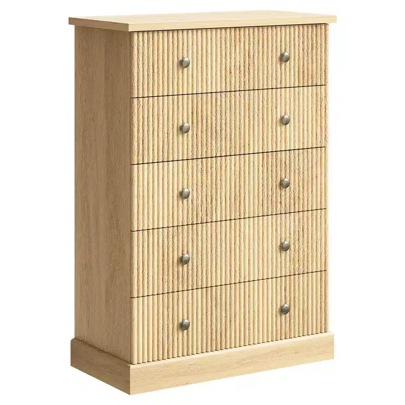 Commode haute 5 tiroirs peu encombrante pour chambre à coucher Commode verticale moderne, armoire de rangement spacieuse Finition bois blanc contemporain
