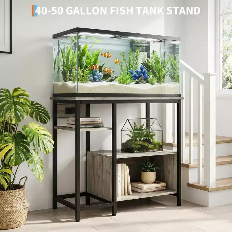 Meuble de support d'aquarium, Étagères de rangement ouvertes, Étagères de rangement en métal et bois, Étagère de rangement pratique pour la maison (Uniquement le cadre)