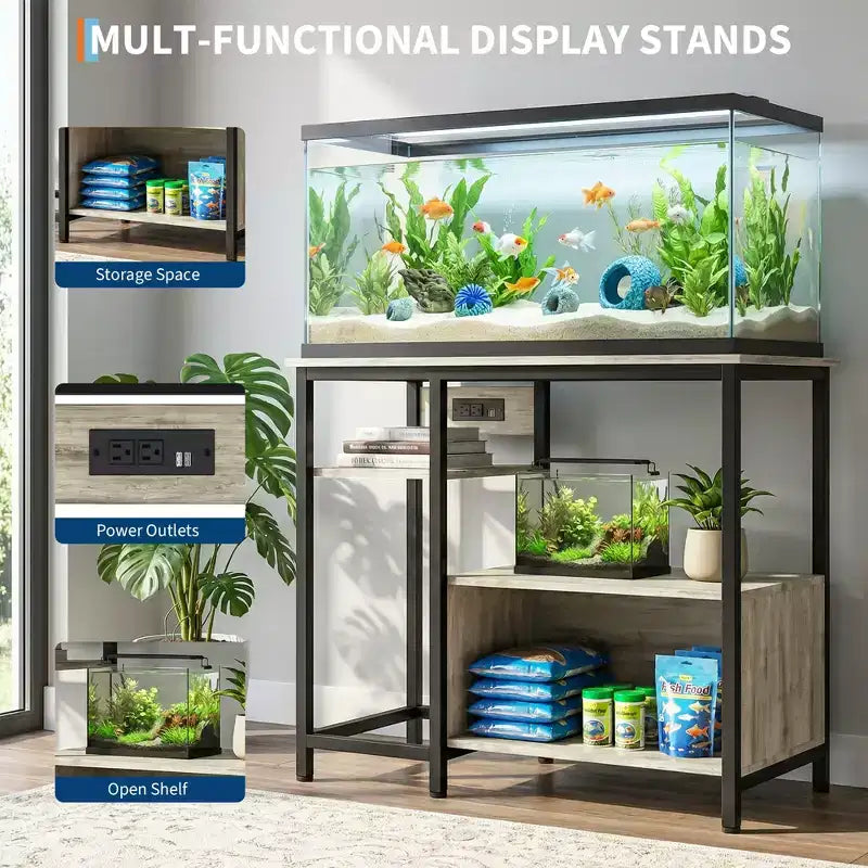 Meuble de support d'aquarium, Étagères de rangement ouvertes, Étagères de rangement en métal et bois, Étagère de rangement pratique pour la maison (Uniquement le cadre)