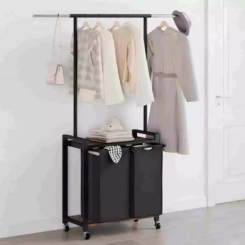 Chariot à linge roulant à 2/3/4 sections avec trieur à linge sale, panier à linge robuste avec tringle à vêtements et paniers inférieurs pour chambre, buanderie et dortoir