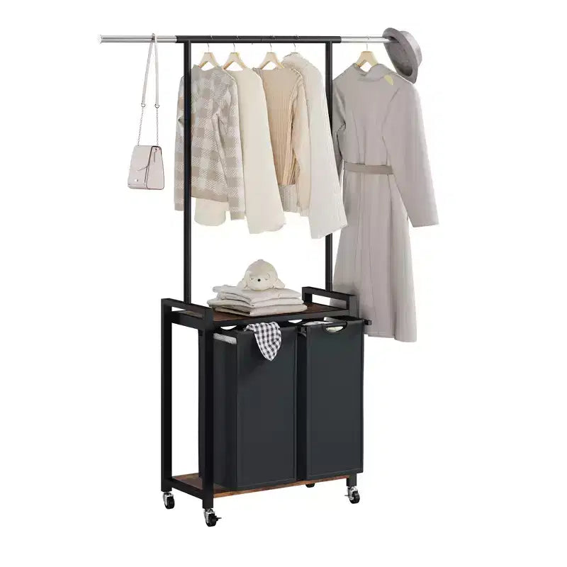 Chariot à linge roulant à 2/3/4 sections avec trieur à linge sale, panier à linge robuste avec tringle à vêtements et paniers inférieurs pour chambre, buanderie et dortoir