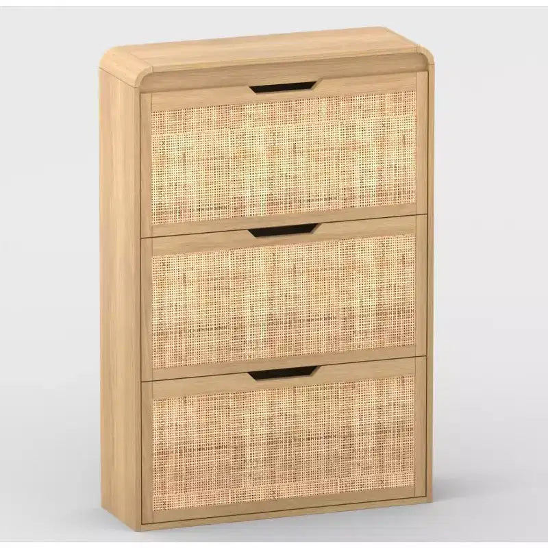 Rattan Shoe Cabinet with 3 Flip Drawers, Narrow Entryway Shoe Storage Organizer, Wooden Cabinet with Adjustable & Removable Shelves for Hallway