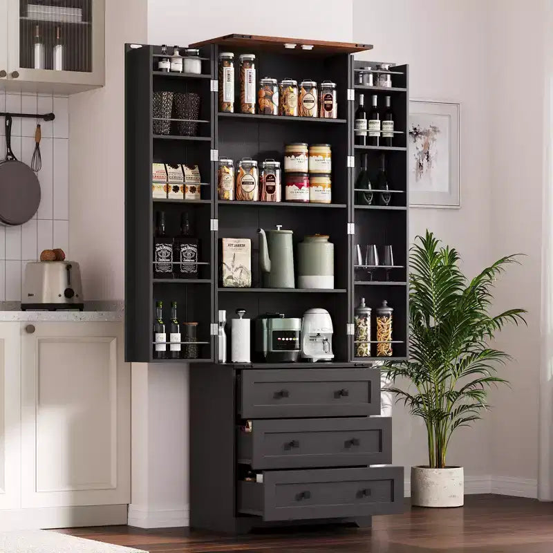Meuble de cuisine autoportant de 72 po avec étagères réglables et 3 tiroirs, meuble de bar à café en bois pour le salon