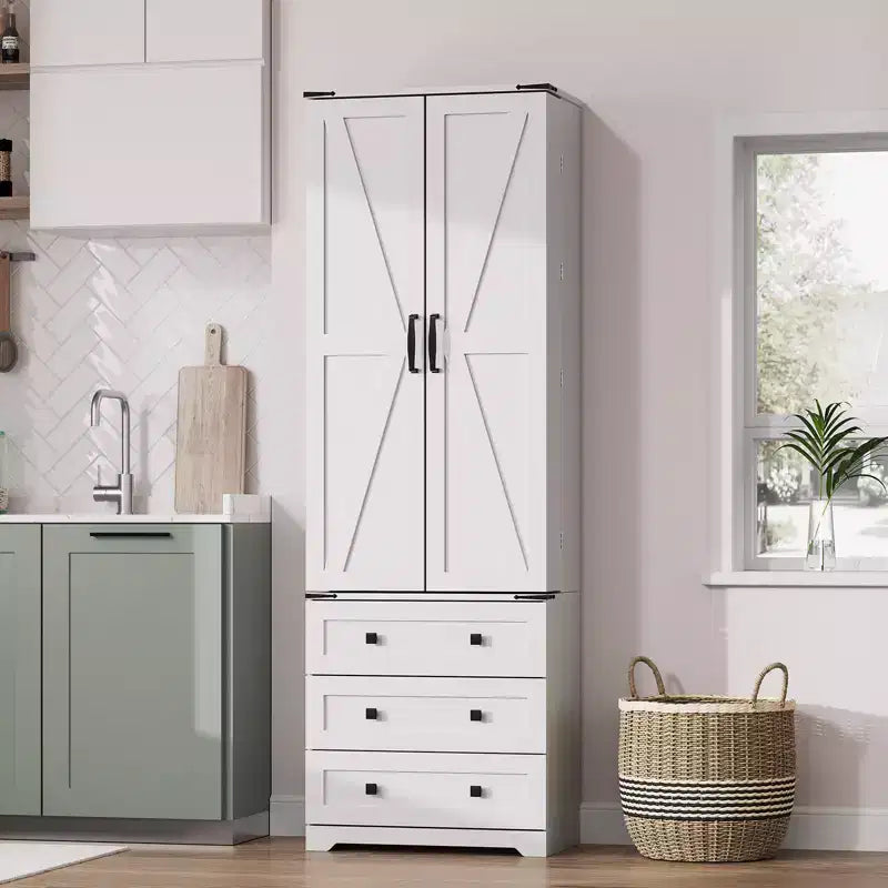 Meuble de cuisine autoportant de 72 po avec étagères réglables et 3 tiroirs, meuble de bar à café en bois pour le salon