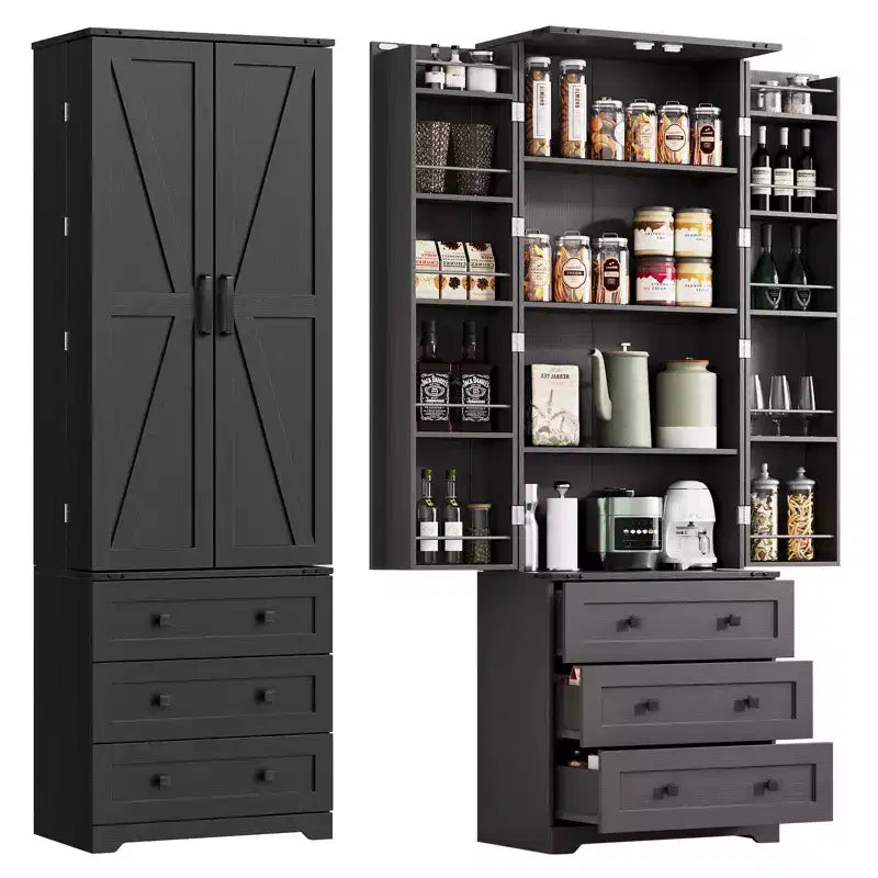 Meuble de cuisine autoportant de 72 po avec étagères réglables et 3 tiroirs, meuble de bar à café en bois pour le salon