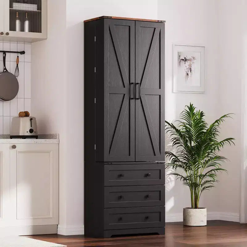 Meuble de cuisine autoportant de 72 po avec étagères réglables et 3 tiroirs, meuble de bar à café en bois pour le salon