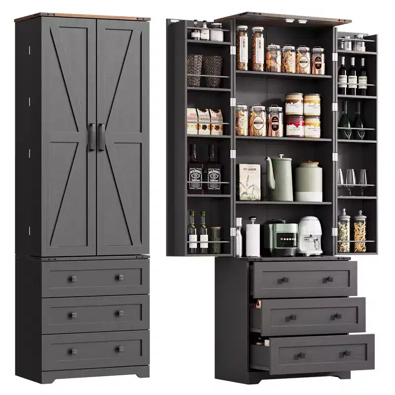 Meuble de cuisine autoportant de 72 po avec étagères réglables et 3 tiroirs, meuble de bar à café en bois pour le salon