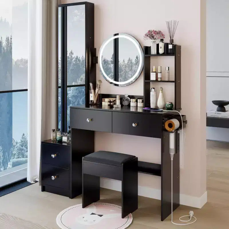 17-Inch Luxury Vanity Desk Set with Full-Body Mirror Cabinet and Lights, Cabinet Storage, Built-In Power Hub, Hair Dryer Stand, and Stool