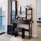 17-Inch Luxury Vanity Desk Set with Full-Body Mirror Cabinet and Lights, Cabinet Storage, Built-In Power Hub, Hair Dryer Stand, and Stool