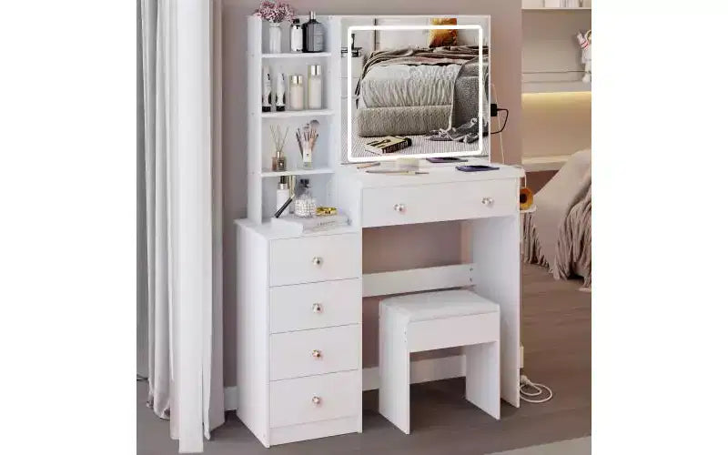 Coiffeuse de luxe de 17 pouces avec armoire-miroir pleine longueur et lumières, rangement, prise électrique intégrée, support pour sèche-cheveux et tabouret
