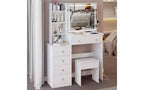Coiffeuse de luxe de 17 pouces avec armoire-miroir pleine longueur et lumières, rangement, prise électrique intégrée, support pour sèche-cheveux et tabouret