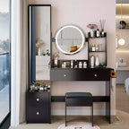 Coiffeuse de luxe de 17 pouces avec armoire-miroir pleine longueur et lumières, rangement, prise électrique intégrée, support pour sèche-cheveux et tabouret