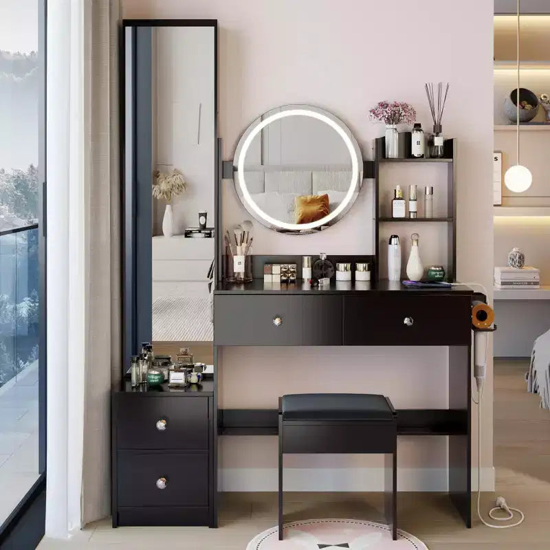 Coiffeuse de luxe de 17 pouces avec armoire-miroir pleine longueur et lumières, rangement, prise électrique intégrée, support pour sèche-cheveux et tabouret