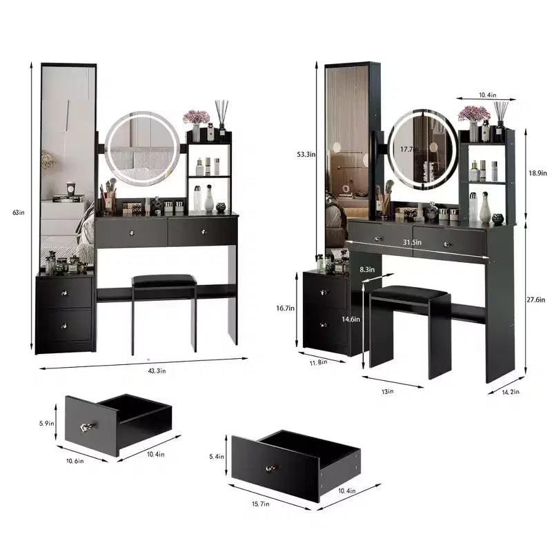 Coiffeuse de luxe de 17 pouces avec armoire-miroir pleine longueur et lumières, rangement, prise électrique intégrée, support pour sèche-cheveux et tabouret