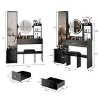 Coiffeuse de luxe de 17 pouces avec armoire-miroir pleine longueur et lumières, rangement, prise électrique intégrée, support pour sèche-cheveux et tabouret